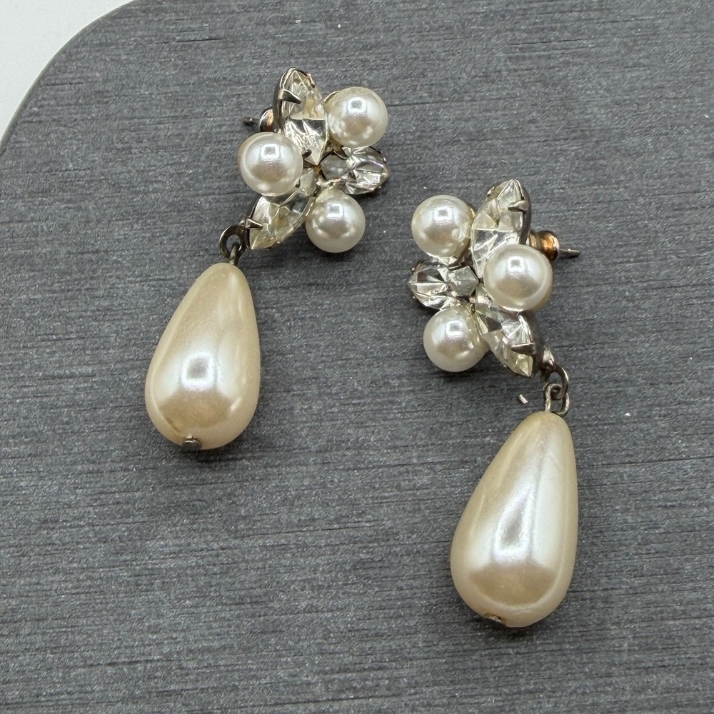 Faux Pearl Rhinestone Teardrop Dangle Earrings Bridal Coquette Statement Gift